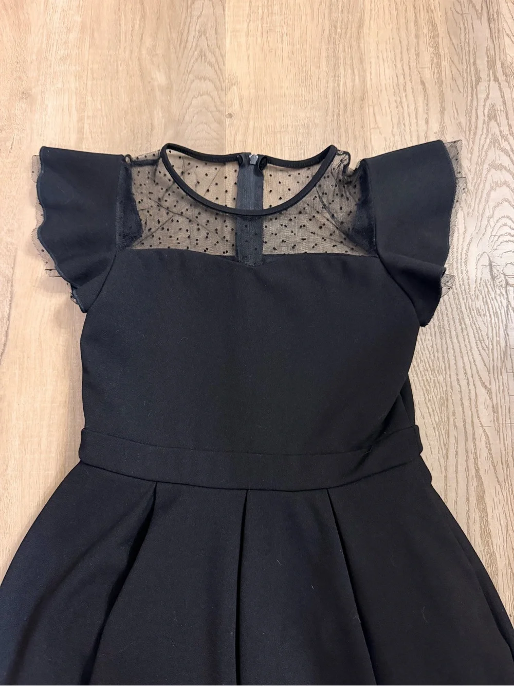 Girls' Party Dress Black with Sheer Polka-Dot Yoke and Flutter Sleeves